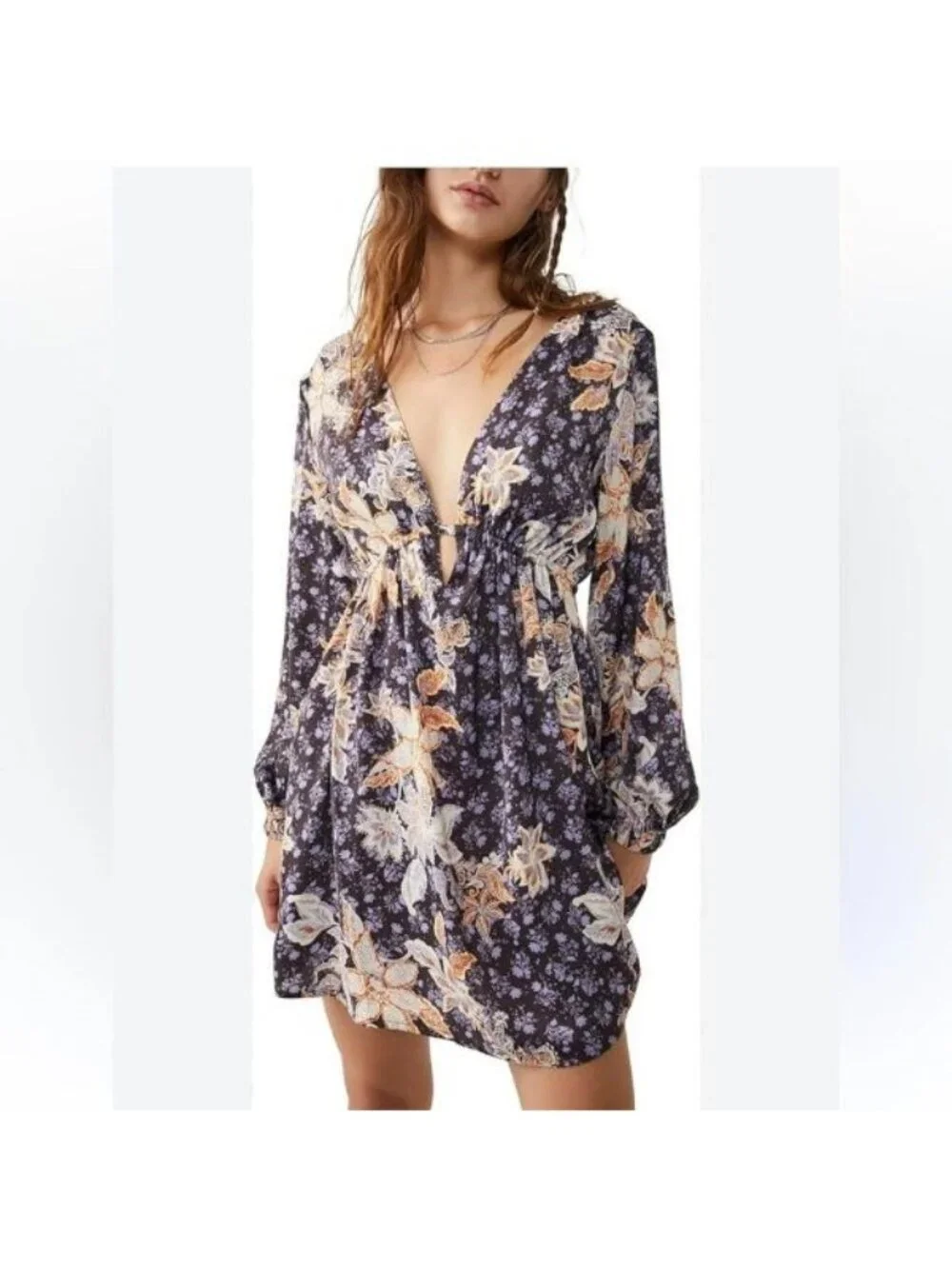Free People Soli Plunge Neck Mini Dress XL Blue Floral Long Sleeve Boho NWOT